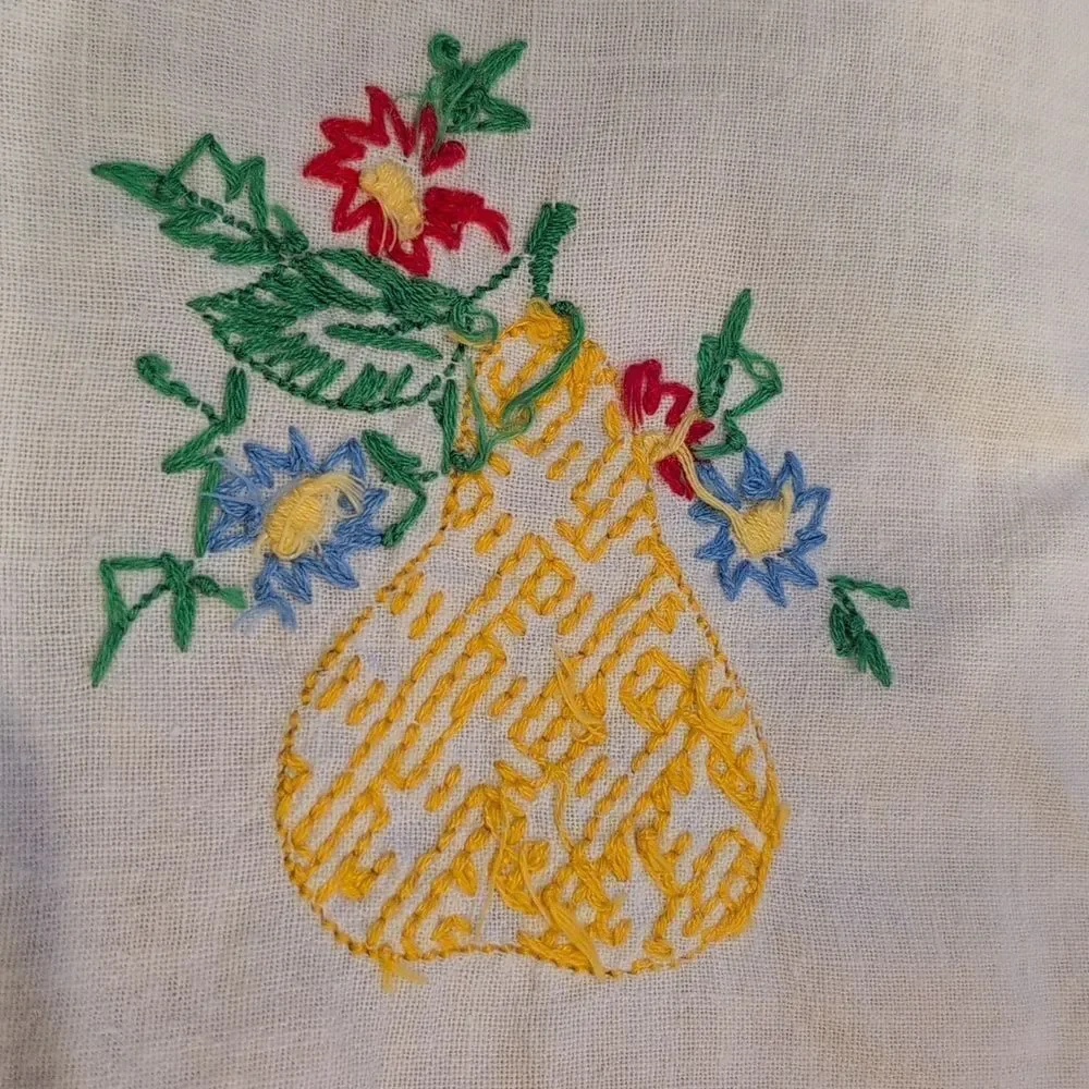 Vintage Embroidered White Tea Towel with Floral Pear Design